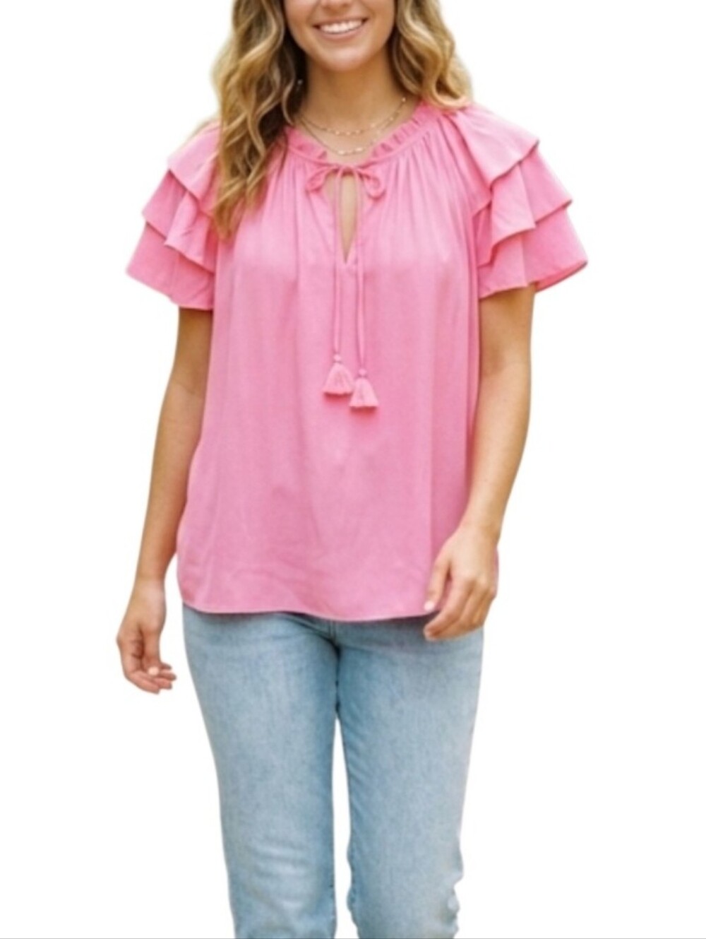 ​Rose Olive Blouse Size Large Pink Ruffled Tiered Sleeve Tie Neck Top
